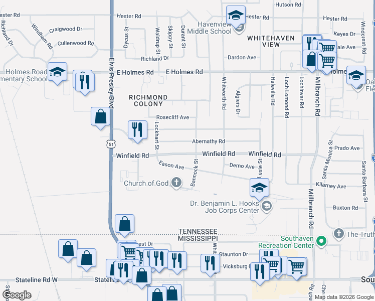 map of restaurants, bars, coffee shops, grocery stores, and more near 1332 Winfield Road in Memphis