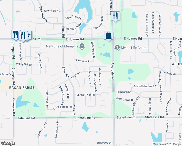 map of restaurants, bars, coffee shops, grocery stores, and more near 6857 Finch Road in Memphis