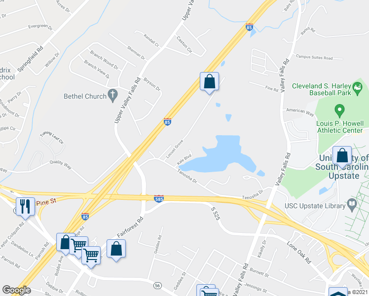 map of restaurants, bars, coffee shops, grocery stores, and more near 400 Locust Grove in Spartanburg