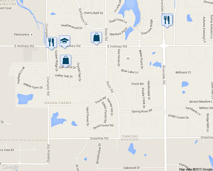 map of restaurants, bars, coffee shops, grocery stores, and more near 5395 Ross Road in Memphis