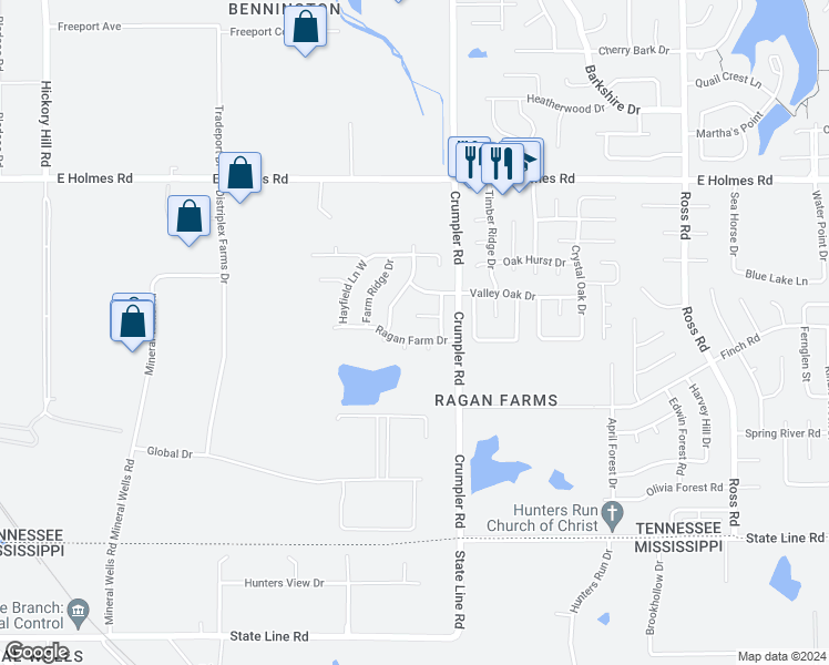 map of restaurants, bars, coffee shops, grocery stores, and more near 6390 Ragan Farm Drive in Memphis
