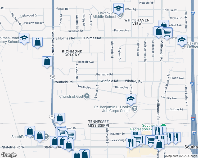 map of restaurants, bars, coffee shops, grocery stores, and more near 1382 Winfield Road in Memphis