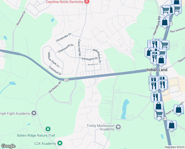 map of restaurants, bars, coffee shops, grocery stores, and more near 3436 Ibis Lane in Fort Mill