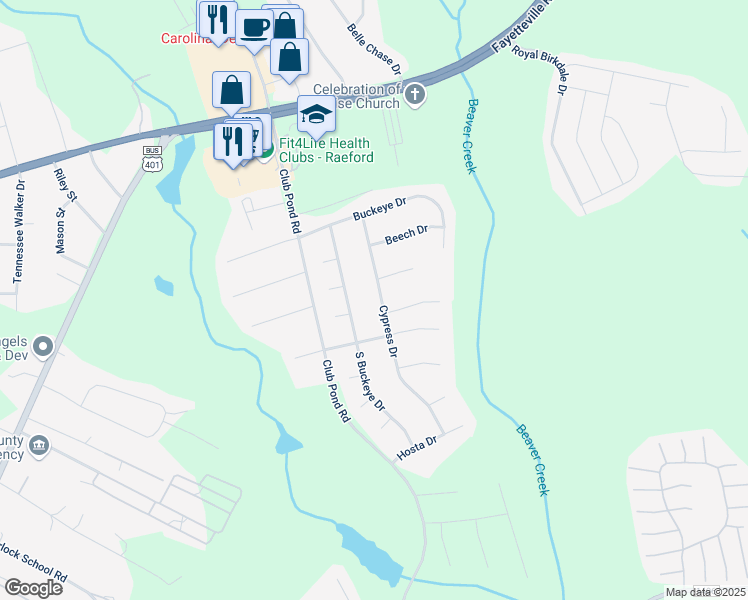 map of restaurants, bars, coffee shops, grocery stores, and more near 204 Cypress Drive in Raeford