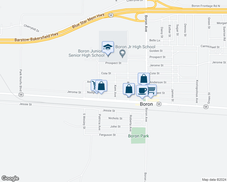 map of restaurants, bars, coffee shops, grocery stores, and more near 12101 Kern Avenue in Boron