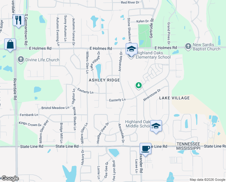 map of restaurants, bars, coffee shops, grocery stores, and more near 7382 Candi Cove in Memphis