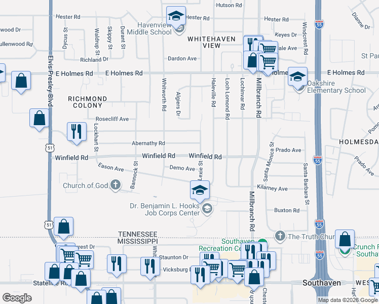 map of restaurants, bars, coffee shops, grocery stores, and more near 1508 Winfield Rd in Memphis