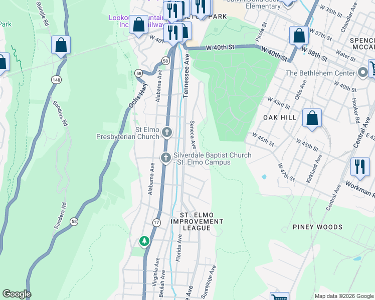 map of restaurants, bars, coffee shops, grocery stores, and more near 4406 Tennessee Avenue in Chattanooga