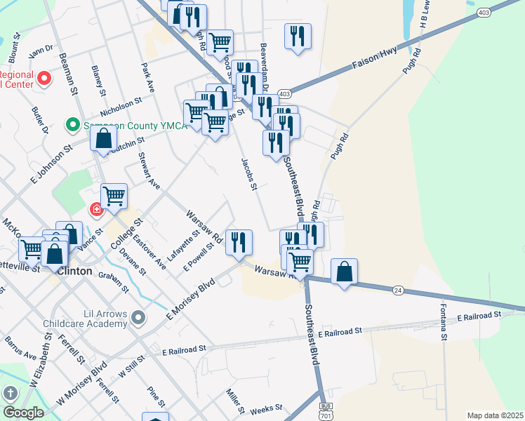 map of restaurants, bars, coffee shops, grocery stores, and more near 114 Jacobs Street in Clinton