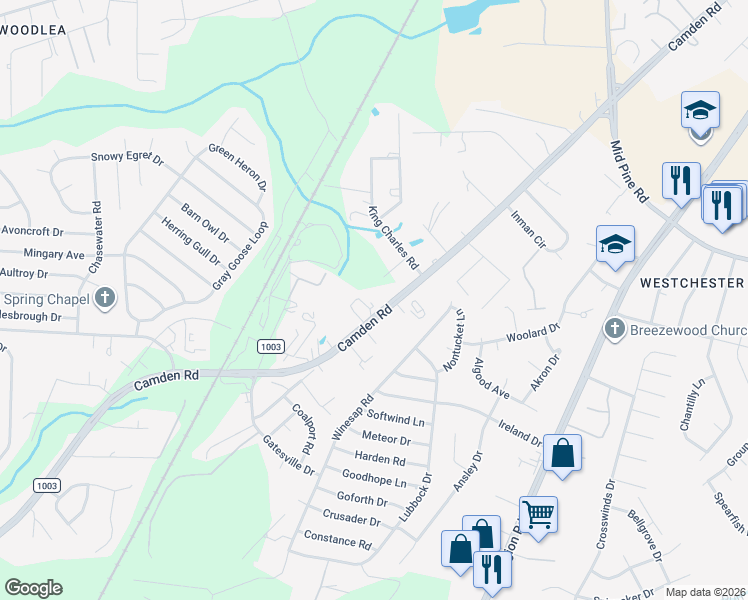 map of restaurants, bars, coffee shops, grocery stores, and more near 3966A Camden Road in Fayetteville