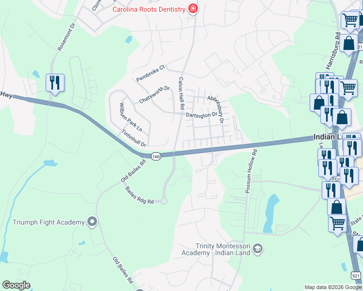 map of restaurants, bars, coffee shops, grocery stores, and more near 3810 Tupelo Lane in Indian Land