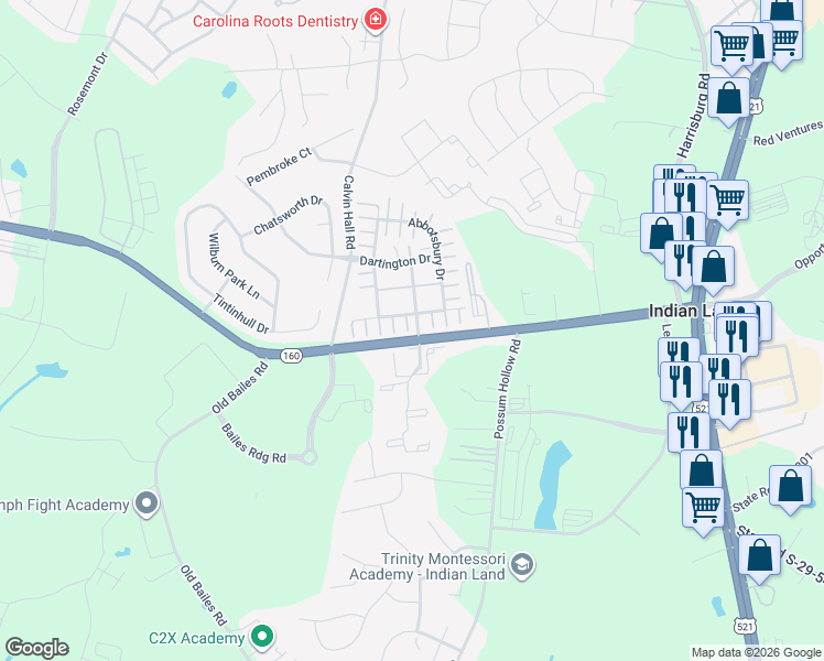 map of restaurants, bars, coffee shops, grocery stores, and more near 3437 Ibis Lane in Indian Land