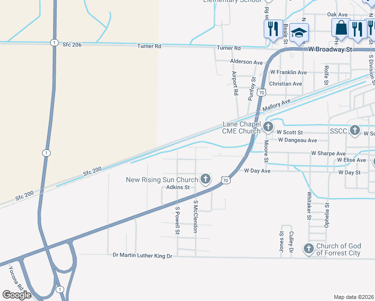 map of restaurants, bars, coffee shops, grocery stores, and more near 417 Sunrise Drive in Forrest City
