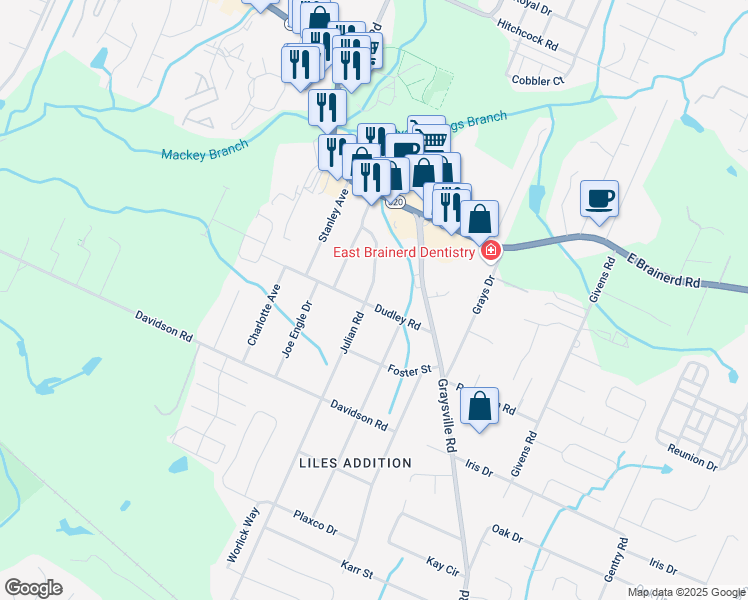 map of restaurants, bars, coffee shops, grocery stores, and more near 8101 Dudley Road in Chattanooga