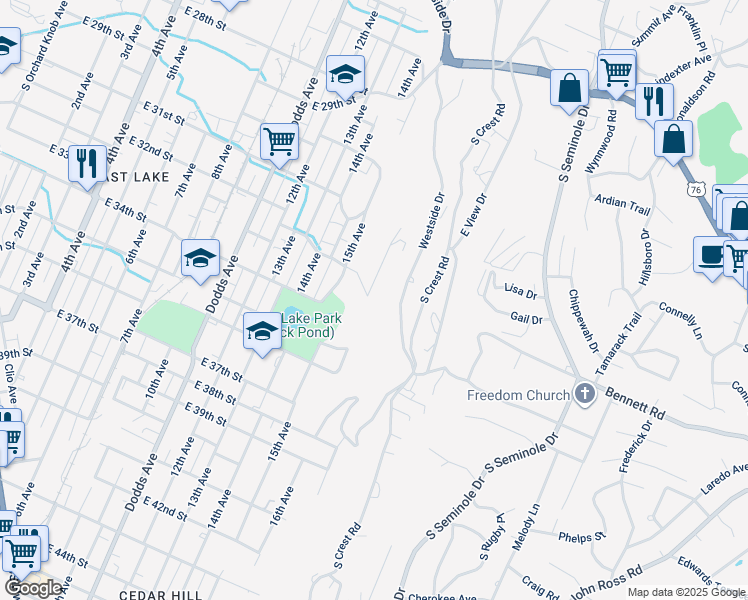 map of restaurants, bars, coffee shops, grocery stores, and more near 3186 16th Avenue in Chattanooga