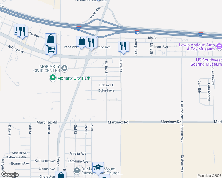 map of restaurants, bars, coffee shops, grocery stores, and more near 205 Buford Avenue in Moriarty