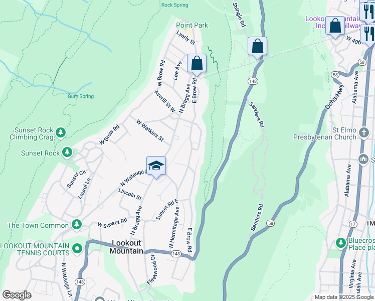 map of restaurants, bars, coffee shops, grocery stores, and more near 514 East Brow Road in Lookout Mountain