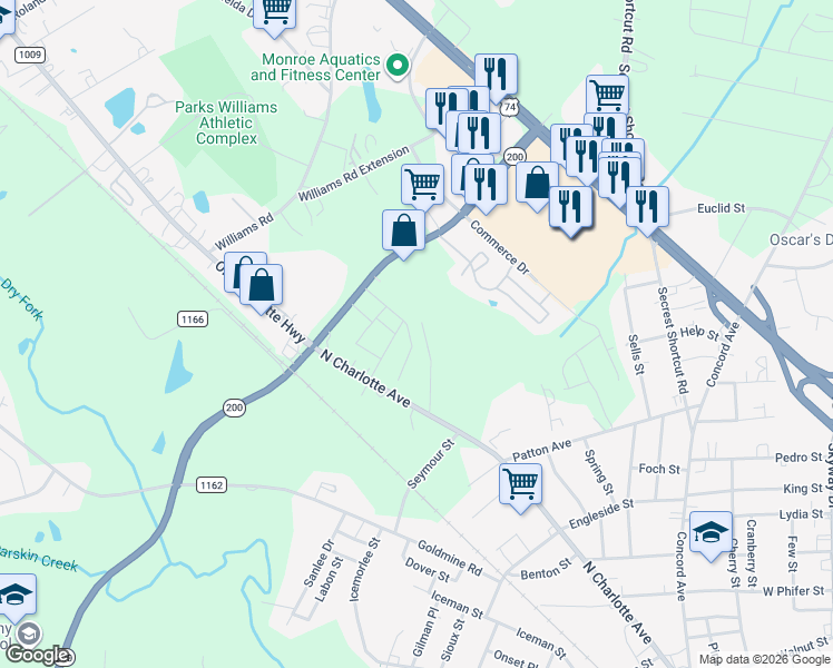 map of restaurants, bars, coffee shops, grocery stores, and more near 1620 Sparta Drive in Monroe