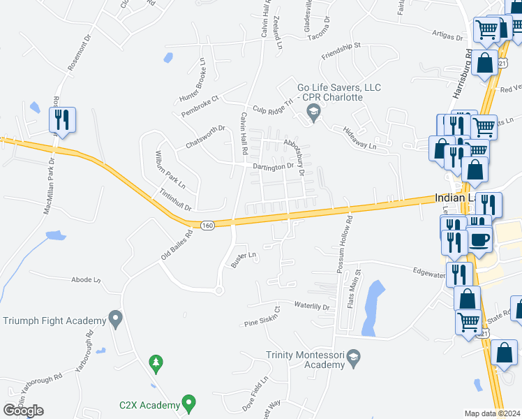 map of restaurants, bars, coffee shops, grocery stores, and more near 3682 Cusabo Lane in Indian Land