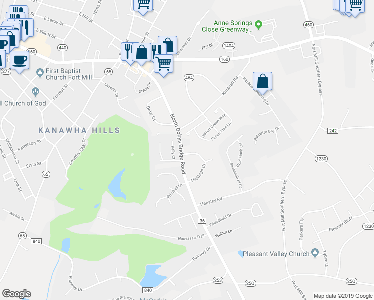 map of restaurants, bars, coffee shops, grocery stores, and more near 1144 Heritage Court in Fort Mill