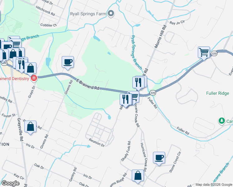 map of restaurants, bars, coffee shops, grocery stores, and more near 8542 East Brainerd Road in Chattanooga