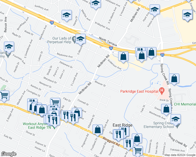 map of restaurants, bars, coffee shops, grocery stores, and more near 1014 Mcbrien Road in Chattanooga