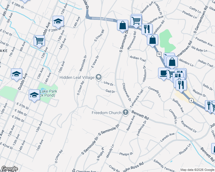 map of restaurants, bars, coffee shops, grocery stores, and more near 3408 Lisa Drive in Chattanooga