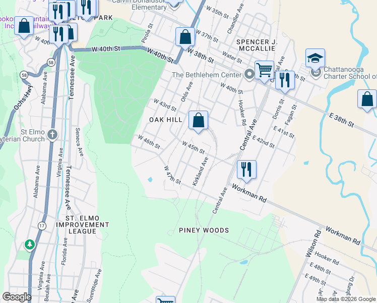 map of restaurants, bars, coffee shops, grocery stores, and more near 218 West 45th Street in Chattanooga