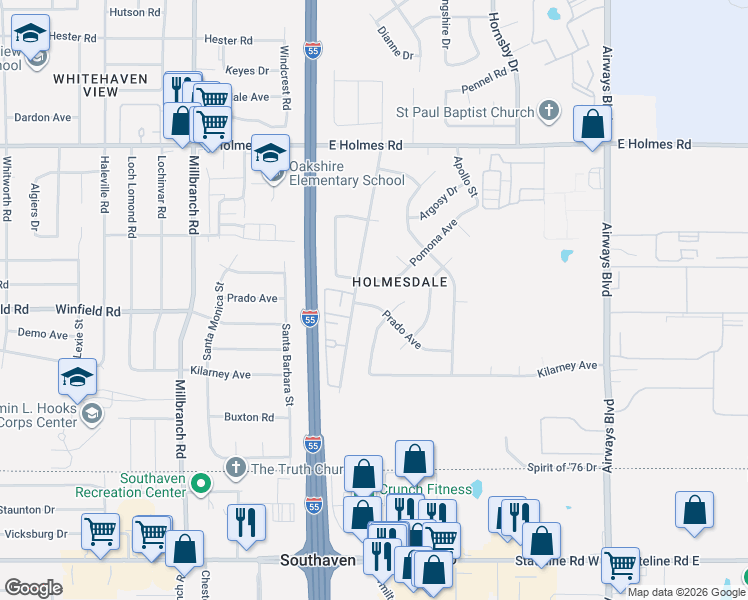 map of restaurants, bars, coffee shops, grocery stores, and more near 1916 Prado Avenue in Memphis