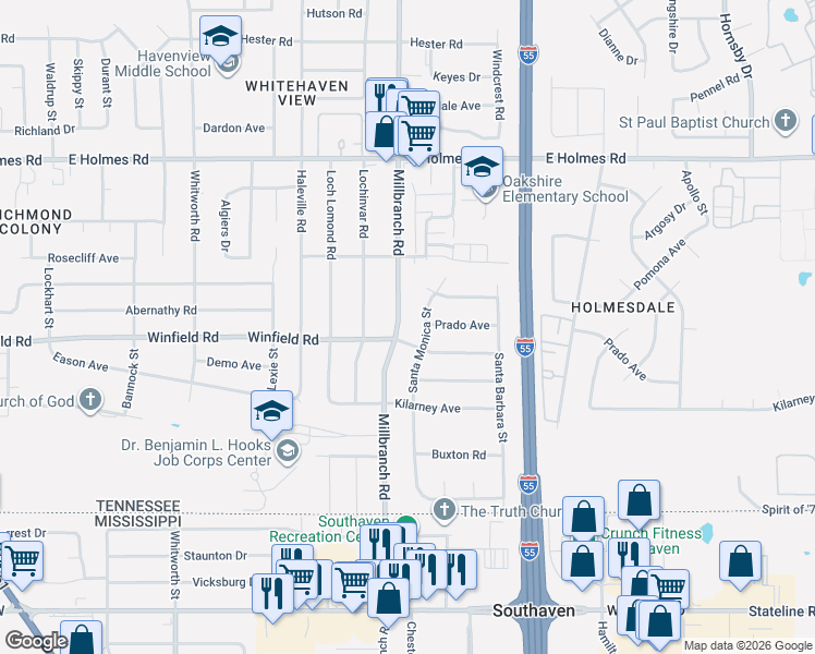map of restaurants, bars, coffee shops, grocery stores, and more near 5398 Millbranch Road in Memphis
