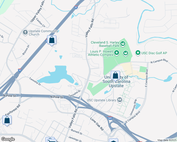 map of restaurants, bars, coffee shops, grocery stores, and more near 7771 Valley Falls Road in Spartanburg