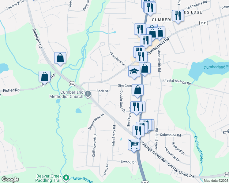map of restaurants, bars, coffee shops, grocery stores, and more near 5157 Double Oaks Drive in Fayetteville
