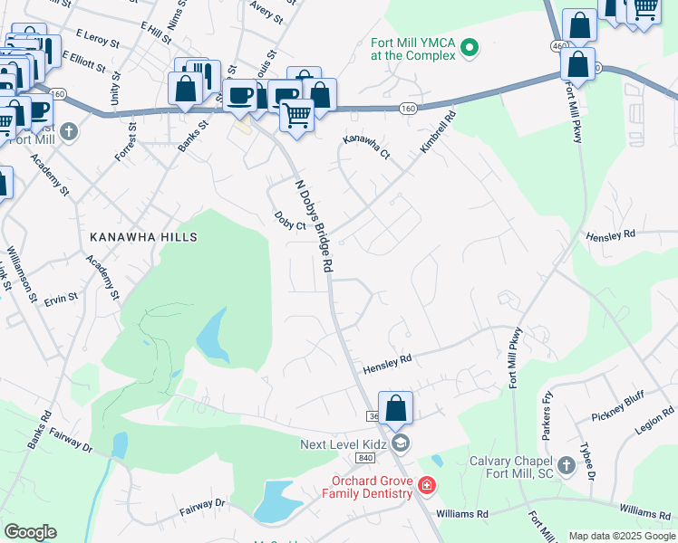 map of restaurants, bars, coffee shops, grocery stores, and more near 1234 North Dobys Bridge Road in Fort Mill