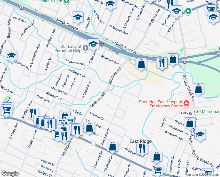 map of restaurants, bars, coffee shops, grocery stores, and more near 1014 Mcbrien Road in Chattanooga