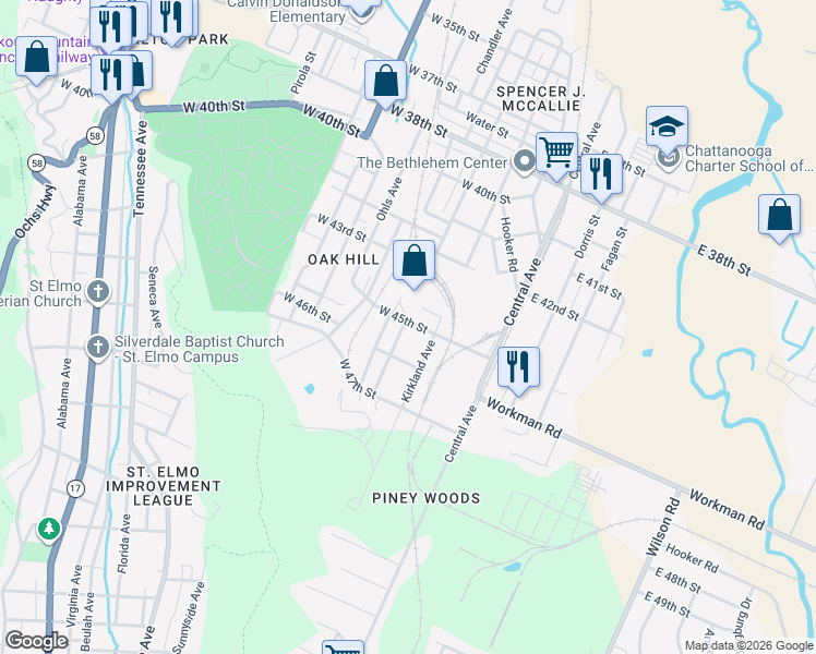 map of restaurants, bars, coffee shops, grocery stores, and more near 218 West 45th Street in Chattanooga