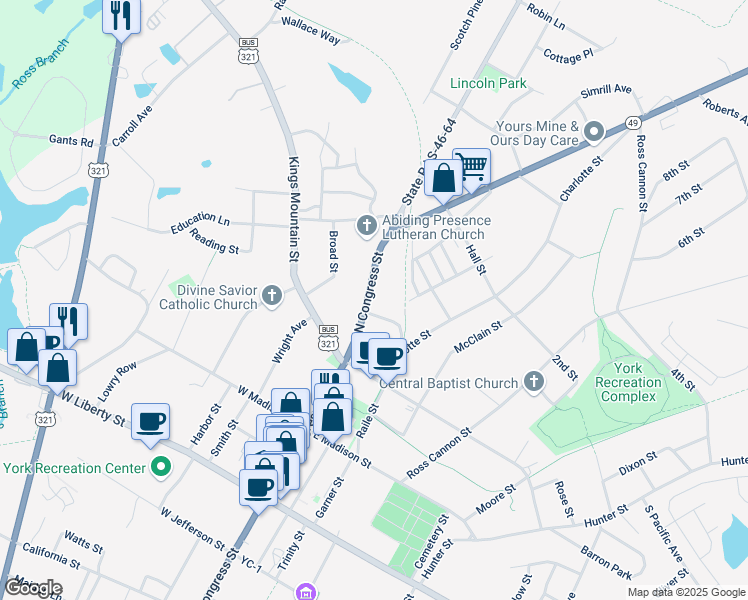 map of restaurants, bars, coffee shops, grocery stores, and more near 304 North Congress Street in York