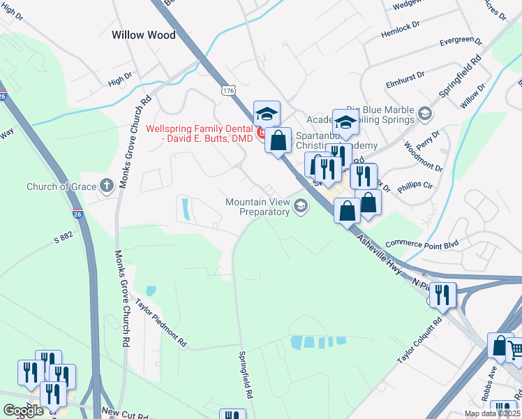 map of restaurants, bars, coffee shops, grocery stores, and more near 750 Springfield Road in Spartanburg