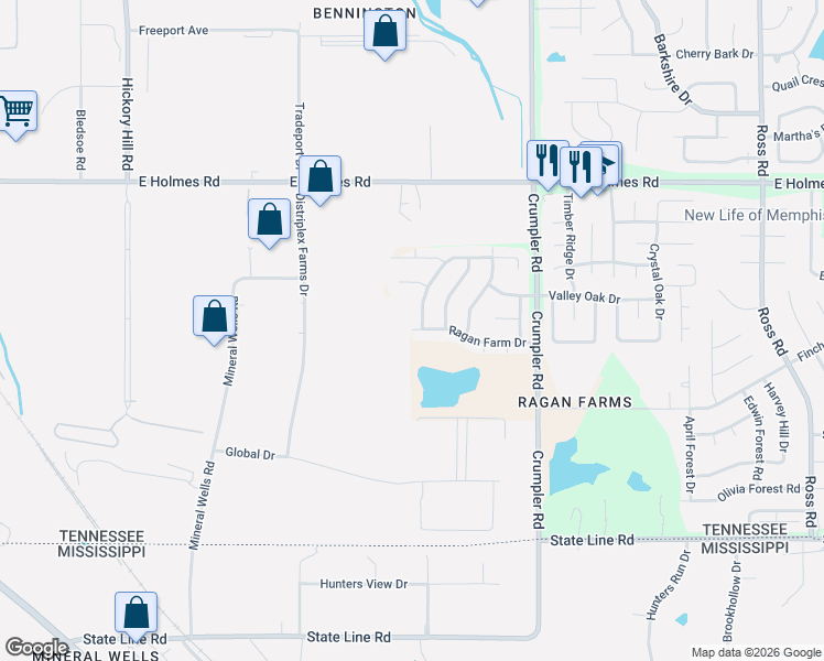 map of restaurants, bars, coffee shops, grocery stores, and more near 3822 Ragan Farm Drive in Memphis