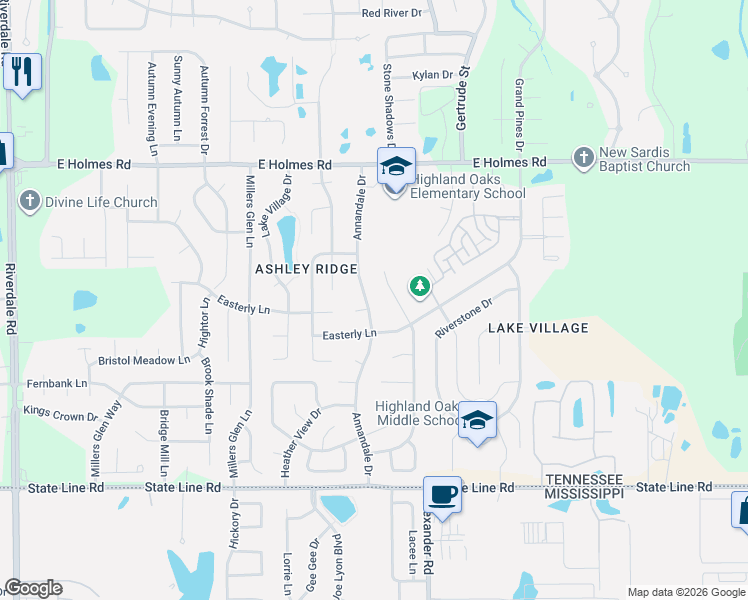 map of restaurants, bars, coffee shops, grocery stores, and more near 5394 Annandale Drive in Memphis