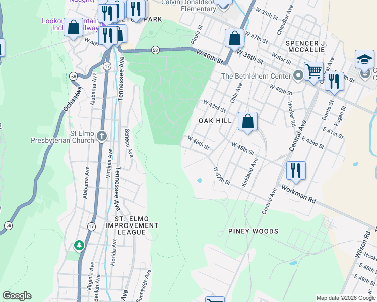 map of restaurants, bars, coffee shops, grocery stores, and more near 620 West 47th Street in Chattanooga