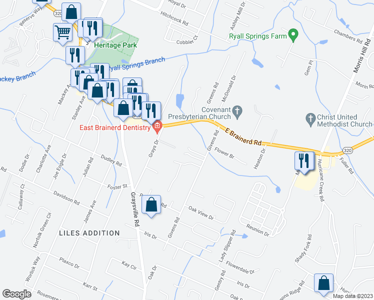 map of restaurants, bars, coffee shops, grocery stores, and more near 1065 Givens Road in Chattanooga