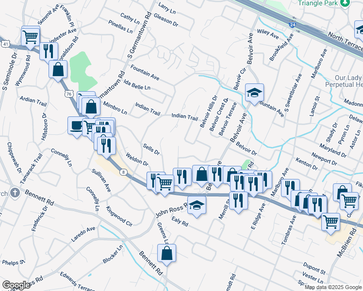 map of restaurants, bars, coffee shops, grocery stores, and more near 1000 Hibbler Circle in Chattanooga