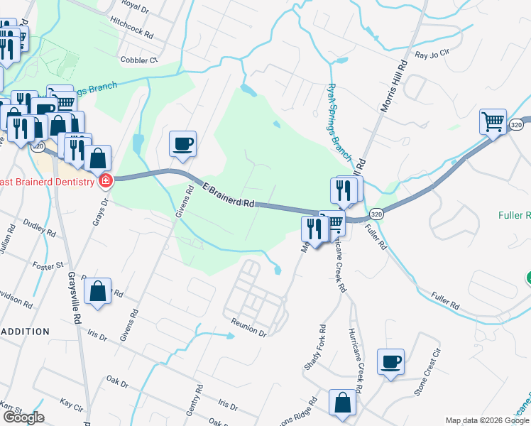 map of restaurants, bars, coffee shops, grocery stores, and more near 8512 East Brainerd Road in Chattanooga