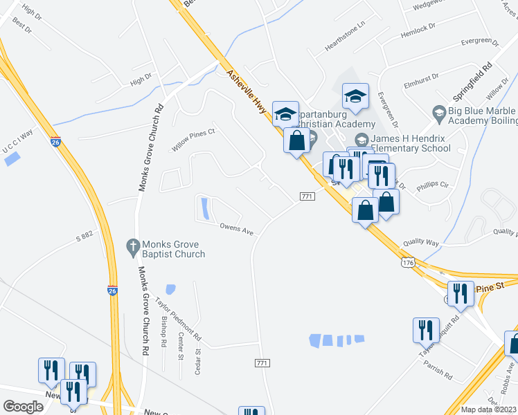 map of restaurants, bars, coffee shops, grocery stores, and more near 2 Floyd Heights Drive in Spartanburg
