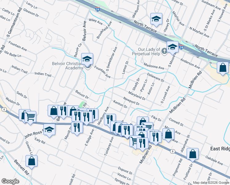 map of restaurants, bars, coffee shops, grocery stores, and more near 1220 Marlboro Avenue in Chattanooga