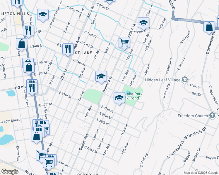 map of restaurants, bars, coffee shops, grocery stores, and more near 12 East 35th Street in Chattanooga