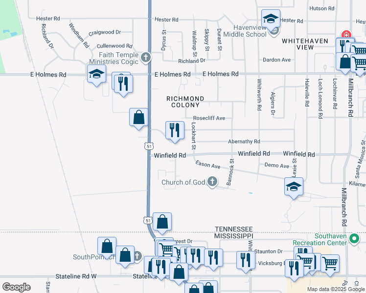 map of restaurants, bars, coffee shops, grocery stores, and more near 1225 Mary Jane Avenue in Memphis