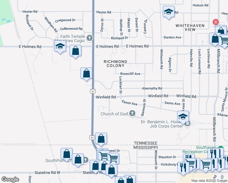 map of restaurants, bars, coffee shops, grocery stores, and more near 1225 Mary Jane Avenue in Memphis