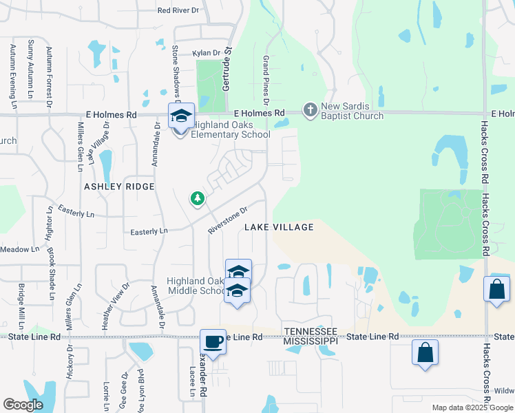 map of restaurants, bars, coffee shops, grocery stores, and more near 5378 Riverstone Drive in Memphis