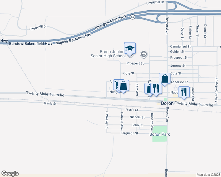 map of restaurants, bars, coffee shops, grocery stores, and more near 26535 Nudgent Street in Boron